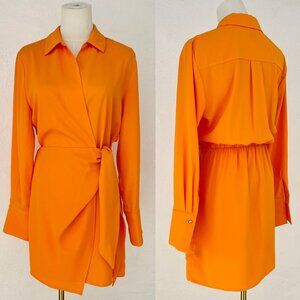 House of Harlow 1960 Orange Faux Silk Long Sleeve Mini Wrap Dress Size Small